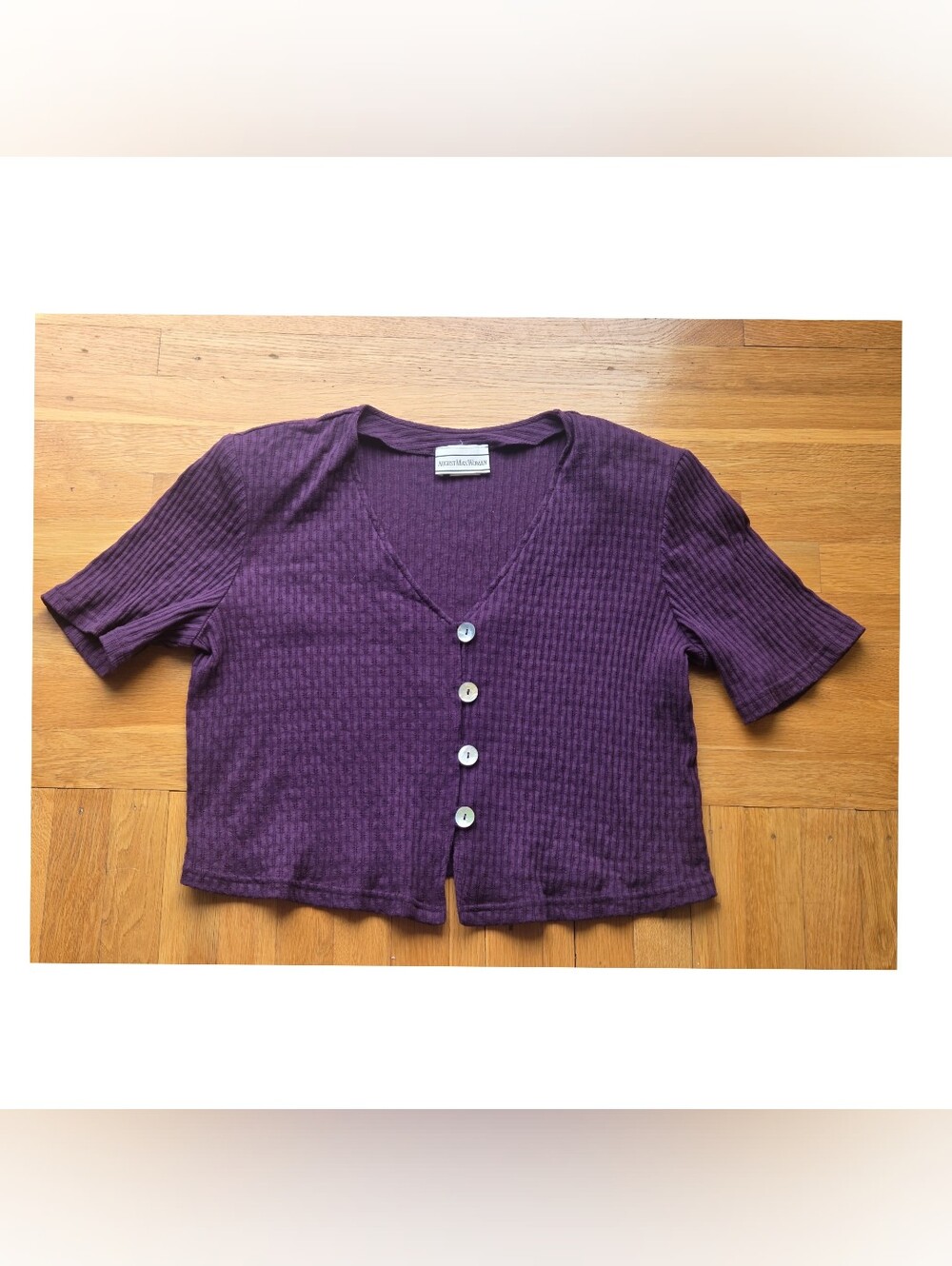Vintage August Max Women Purple Pointelle V Neck Button Front Knit Top 16W EUC